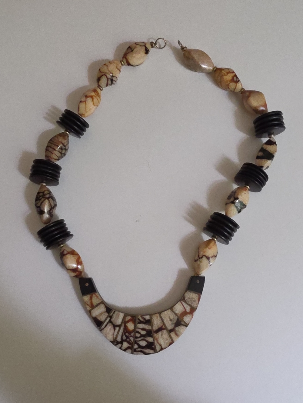 Vintage Tiger Coral And Wooden Beaded Statement Necklace - Broken Clasp